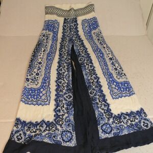 MADE for Impulse Womens Palazzo Pants L Blue White Paisley Boho Smocked Coastal